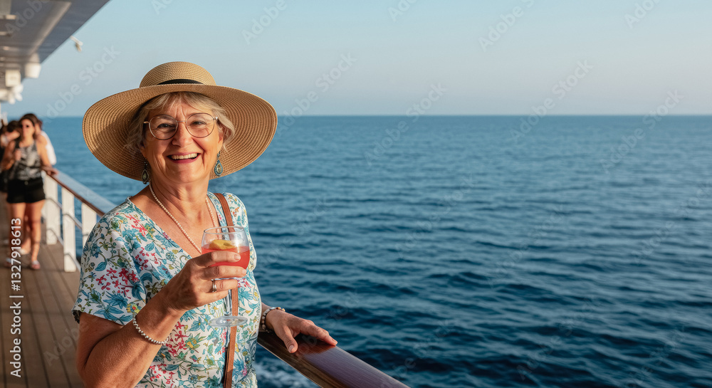 Fototapeta premium A happy traveler woman 60 year old smiles while holding a drink on the deck of a cruise ship