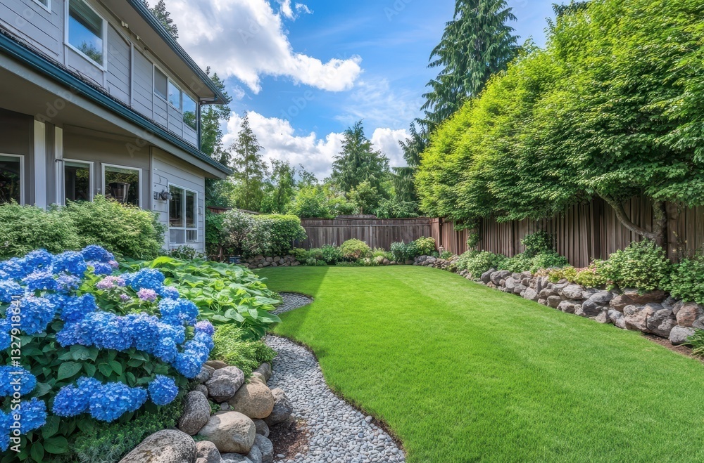 Obraz premium Lush Home Garden with Vibrant Hydrangeas, Manicured Lawn, and Charming Rock Path on a Sunny Day in a Picturesque Neighborhood Setting
