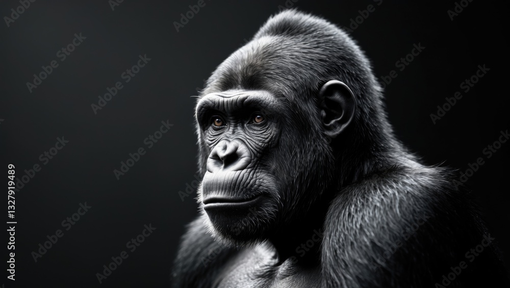 Fototapeta premium Black and white portrait of a chimpanzee with a thoughtful expression.