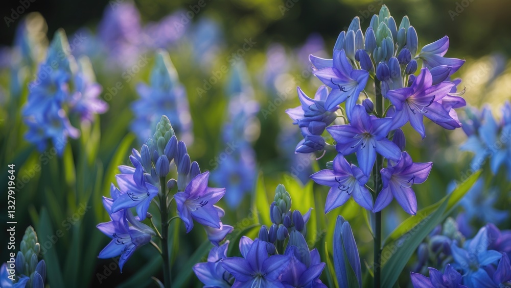 Fototapeta premium Blue agapanthus or lily of the Nile flowers are blooming during the summer season for decorative gardens.