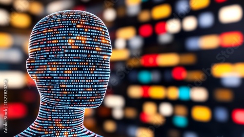 Digital AI head observing data against blurred colorful background