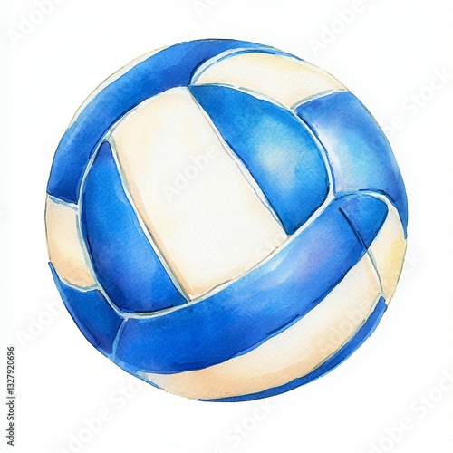 Watercolor Blue and White Volleyball on White Background