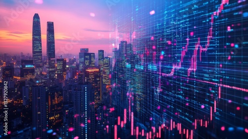 Wallpaper Mural Vibrant Cityscape at Sunset with Dynamic Data Visualization Torontodigital.ca