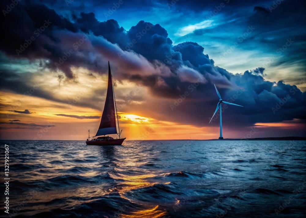 Fototapeta premium Low Light Ocean Sailboat with Offshore Wind Turbine - Dramatic Seascape Stock Photo