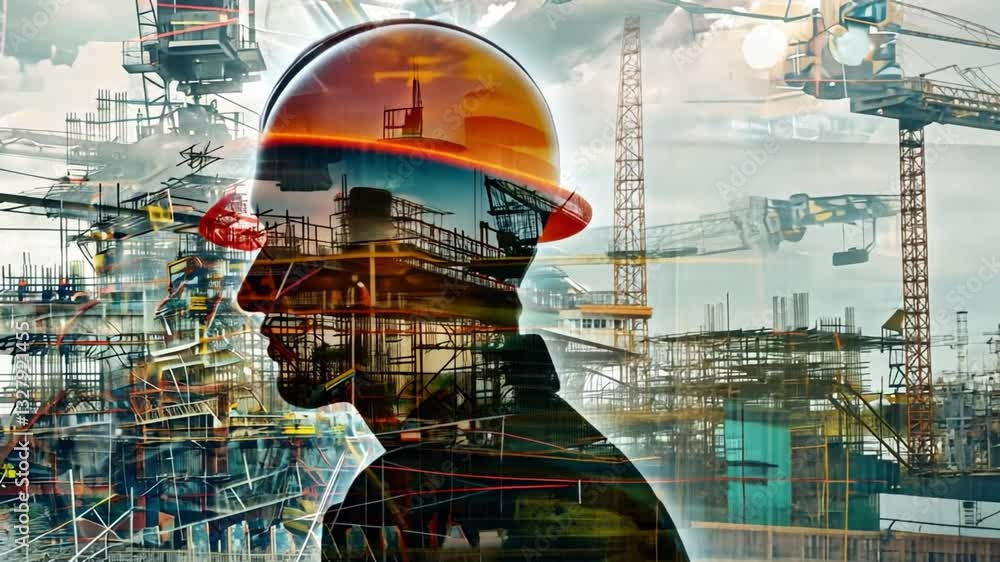 Silhouette of Construction Worker Hard Hat Overlaid with Bustling Site, Cranes, Scaffolding, and Building Structures, Symbolizing Industry, Progress, Determination, and Innovation Construction Silhouette of Construction Worker Hard Hat Overlaid with Bustling Site, Cranes, Scaffolding, and Building Structures, Symbolizing Industry, Progress, Determination, and Innovation Construction