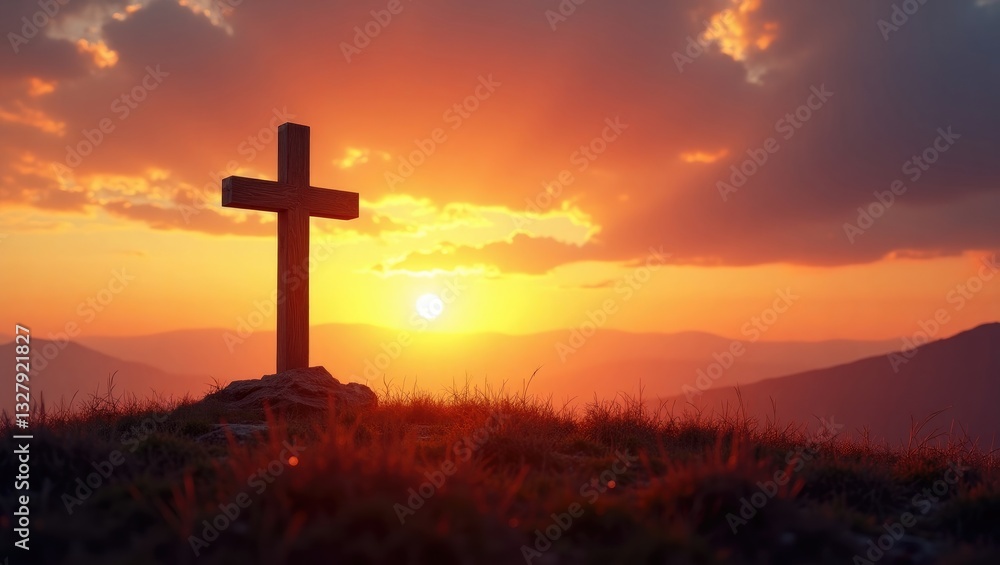 Silhouette of a cross against a mountain sunset backdrop. Easter concept. Silhouette of a cross against a mountain sunset backdrop. Easter concept.