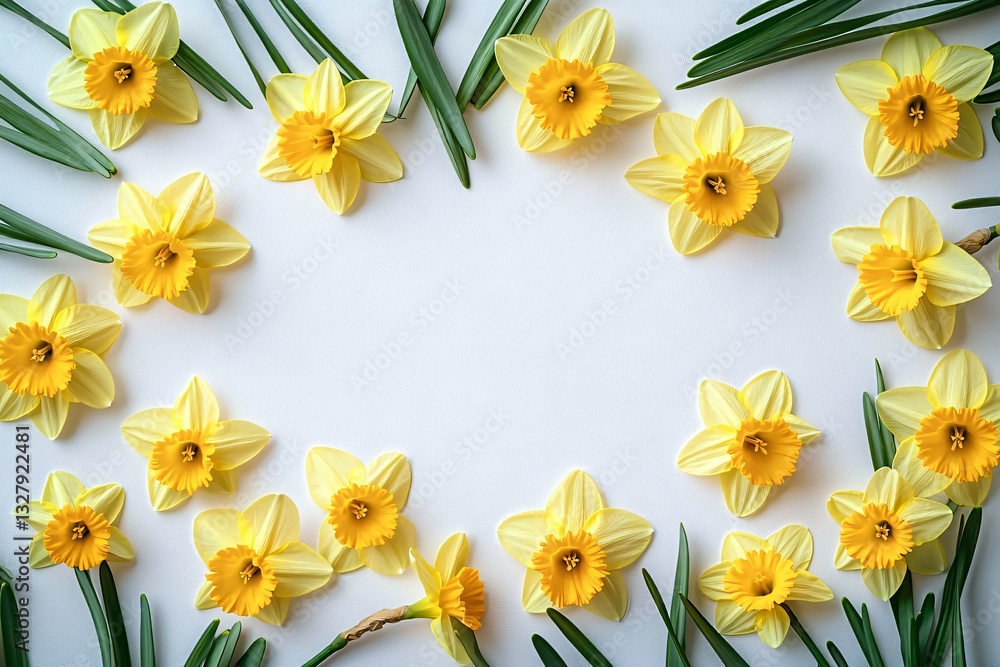 Fototapeta premium Fresh and cheerful spring composition featuring pale yellow daffodils, perfect for greeting cards, invitations, or banners celebrating spring events and occasions.