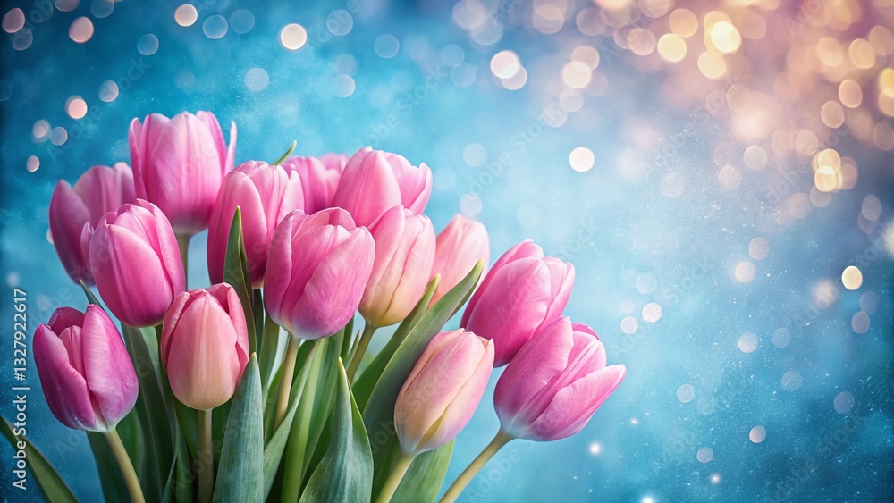 Obraz premium Low Light Pink Tulips Blue Background Mothers Day Birthday Valentine Card Banner