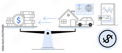 Balance scale weighing money against house, car, financial tools, representing monetary value, finances, investments. Ideal for economy, budgeting, digital finance wealth management