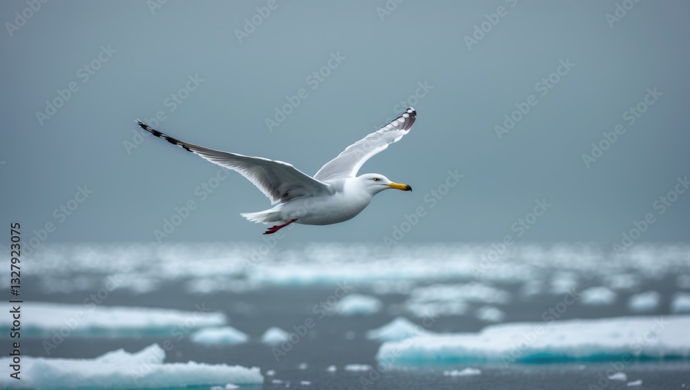 Fototapeta premium Seagull soaring above pack ice in the Ocean