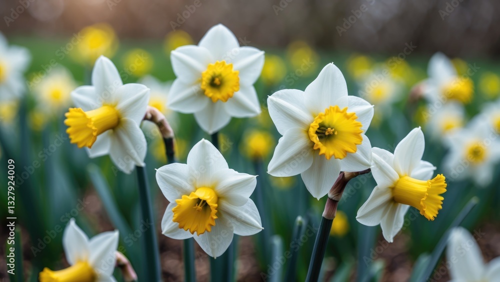 Narcissus flowers in close-up. Floral spring backdrop. Daffodils blooming in the field. White flowers against a dark background. Seasonal design wallpaper. Narcissus flowers in close-up. Floral spring backdrop. Daffodils blooming in the field. White flowers against a dark background. Seasonal design wallpaper.