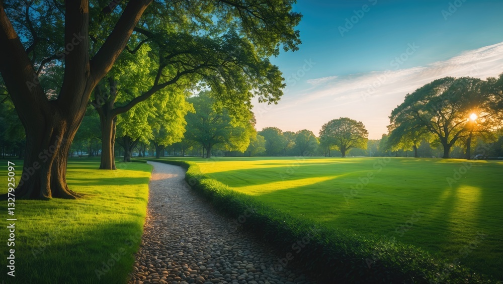 Obraz premium Panoramic view of a green city park at dawn.