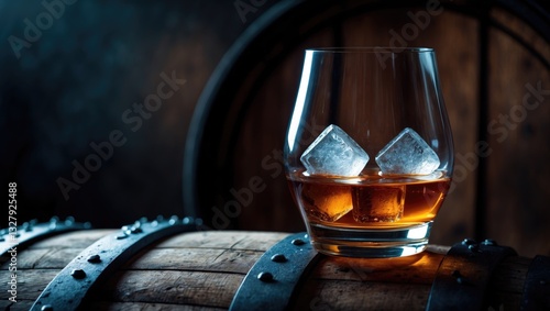 Scotch whiskey tumbler beside an aged wooden barrel.