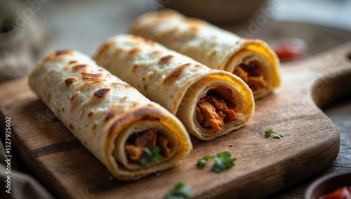 selective focus of street food chicken wrap