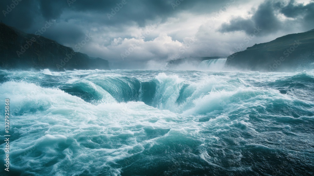 Fototapeta premium Powerful Waterfall with Turbulent Water and Dramatic Sky