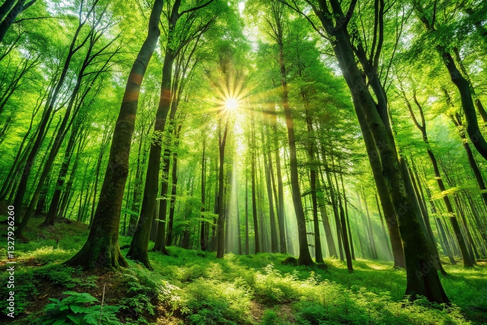 Naklejka premium Lush Deep Green Forest Background with Copy Space - Perfect for Nature-Themed Designs