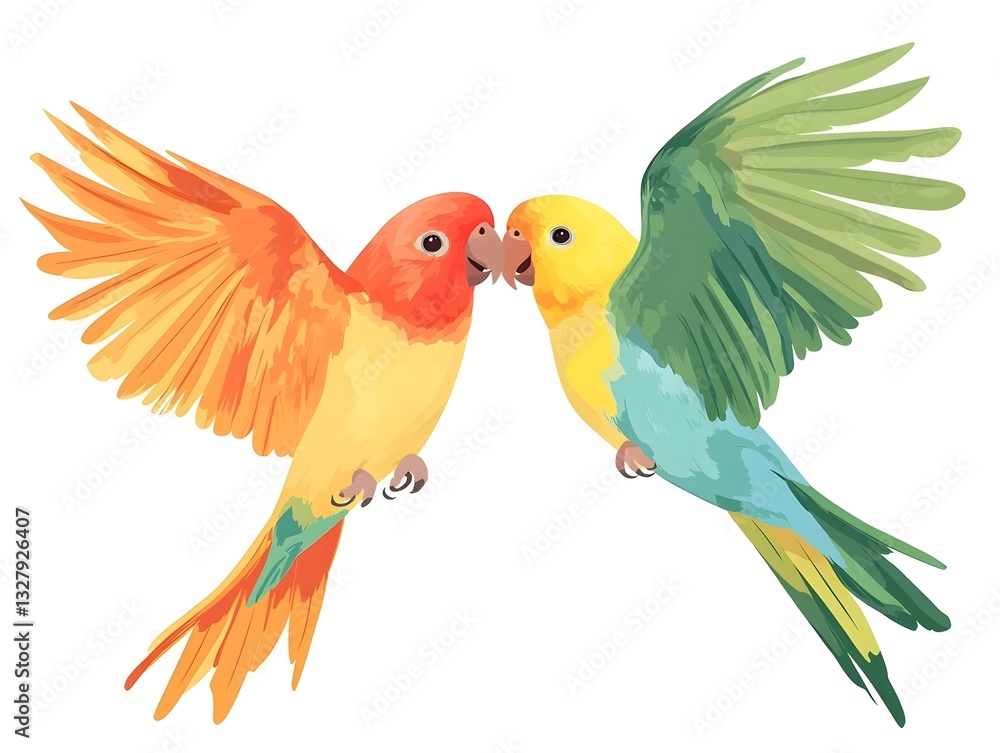 Obraz premium Two Colorful Parrots Interacting with Each Other in Air Illustration
