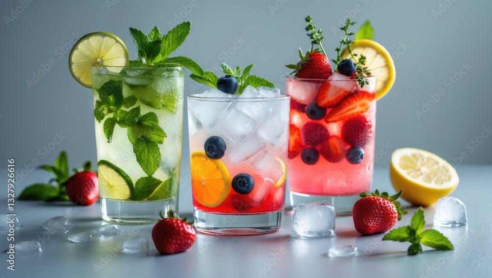 Set of colorful summer beverages. Mojito, lemonade, berry, strawberry lemonade or cocktail with ice. Set of colorful summer beverages. Mojito, lemonade, berry, strawberry lemonade or cocktail with ice.