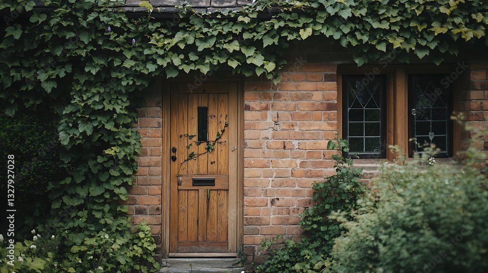 House Facade with Wooden Door, Brick Wall and Green Ivy Covering House Facade with Wooden Door, Brick Wall and Green Ivy Covering