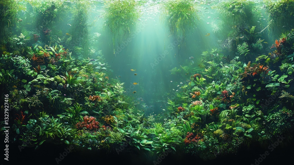 Underwater plants, fish, and sunlight beams create a lush, vibrant aquatic scene. Underwater plants, fish, and sunlight beams create a lush, vibrant aquatic scene.