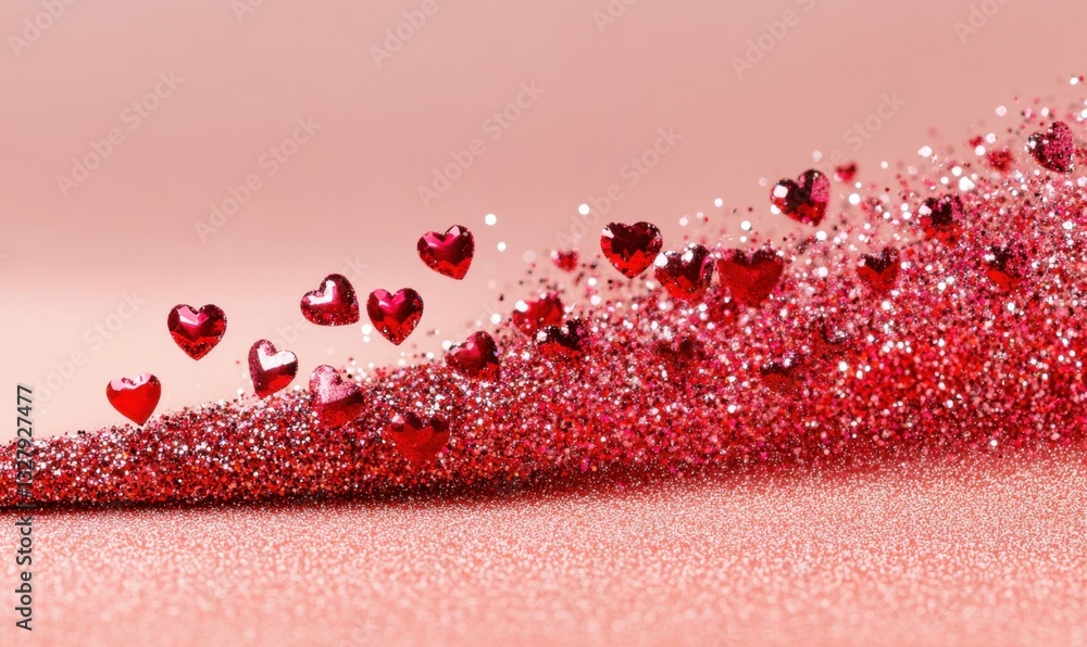 Red hearts floating over glitter wave on pink background for romantic designs Red hearts floating over glitter wave on pink background for romantic designs