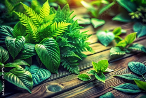Lush Green Foliage on Light Wood: Elegant Nature Still Life Stock Photo
