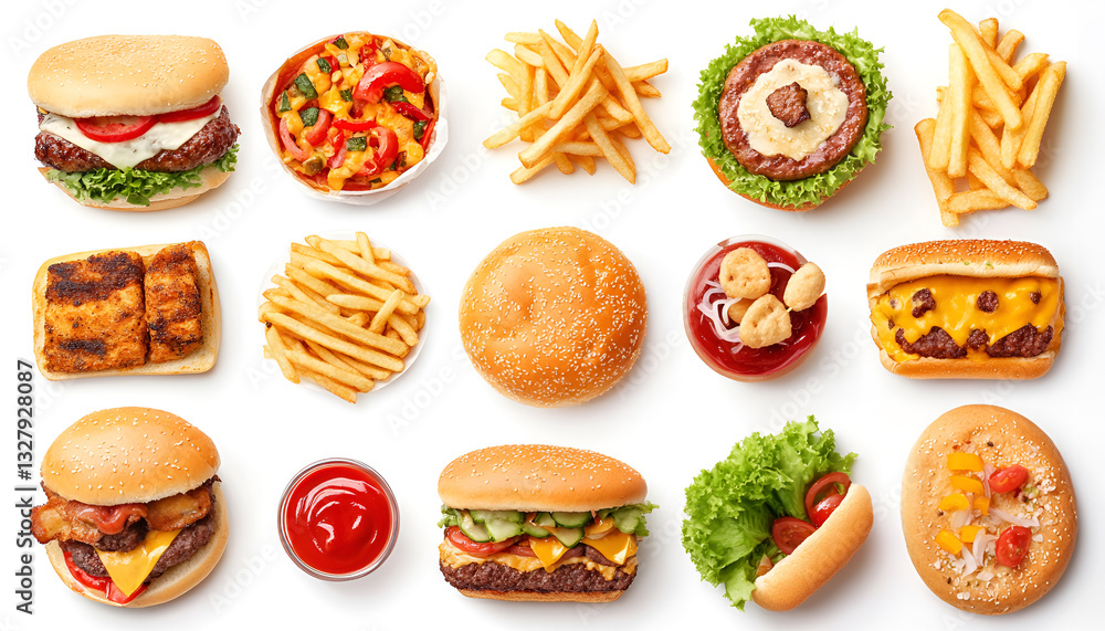 Collage with different tasty fast food on white background Collage with different tasty fast food on white background