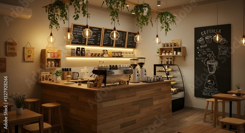 Interior acogedor de cafetería con iluminación cálida