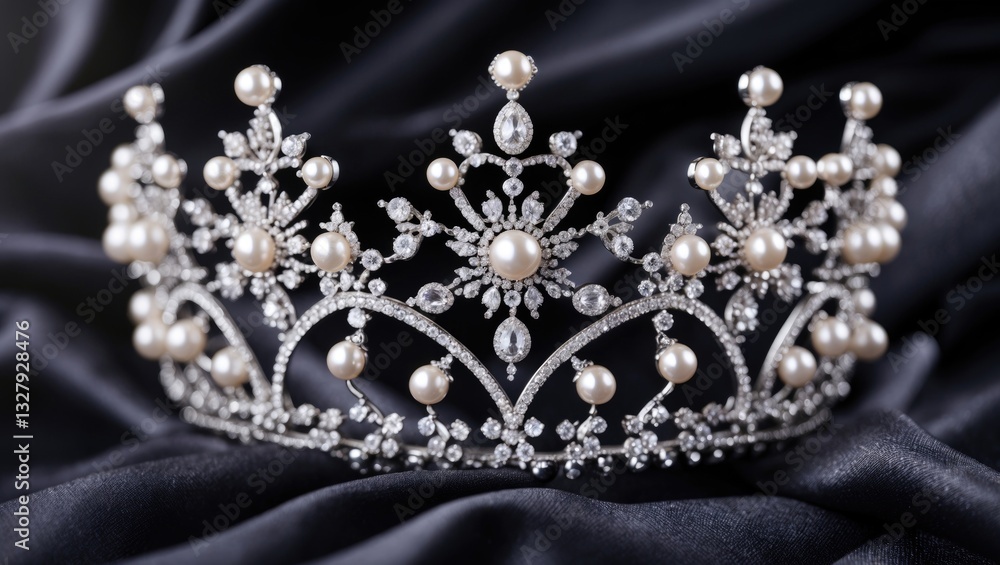 Fototapeta premium silver diadem featuring diamonds and pearls set against the fabric