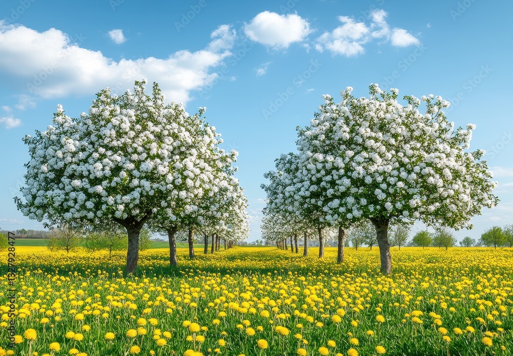 Obraz premium Scenic Spring Landscape with Blooming White Trees and Vibrant Yellow Dandelions Under a Clear Blue Sky