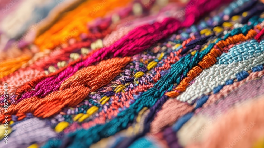 Colorful threads intricately woven into a vibrant textile design pattern Colorful threads intricately woven into a vibrant textile design pattern