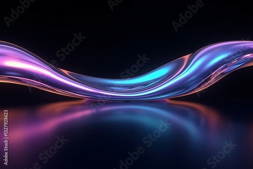 Futuristic iridescent fluid ribbon with glass-like surface reflecting neon colors, gradient design element for backgrounds and posters  
