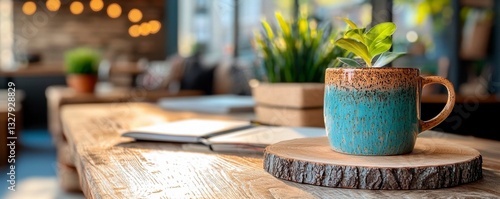 A close-up shot reveals a vibrant turquoise mug, its textured surface hinting at artisan craftsmanship The mug rests gracefully on a rustic wooden slice, highlighting its natural grain A small plant