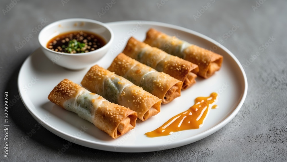 deep fried spring rolls served with sauce on a white plate deep fried spring rolls served with sauce on a white plate