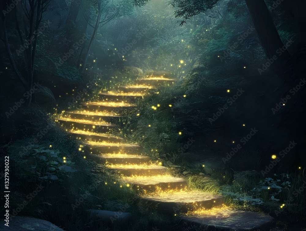 Obraz premium glowing stairway, forest, night, magical