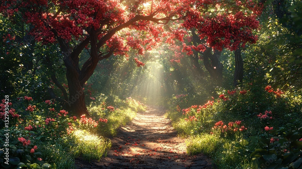 Sunlit path through a magical forest with blooming red flowers. Sunlit path through a magical forest with blooming red flowers.