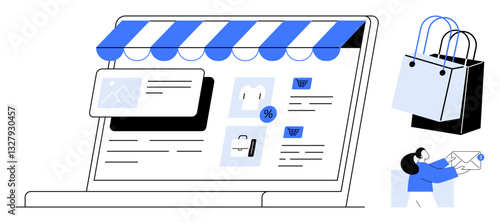 Laptop with storefront awning, product thumbnails, and shopping cart icons. Two shopping bags and person holding box. Ideal for e-commerce, online retail, marketing, consumer behavior, convenience
