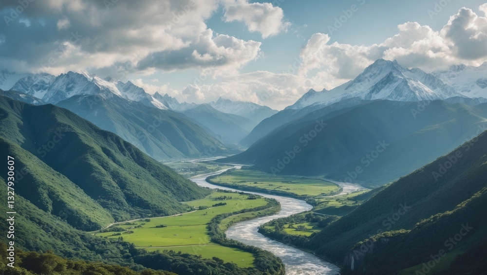 Fototapeta premium Scenic mountain valley featuring a meandering river and peaks capped with snow.