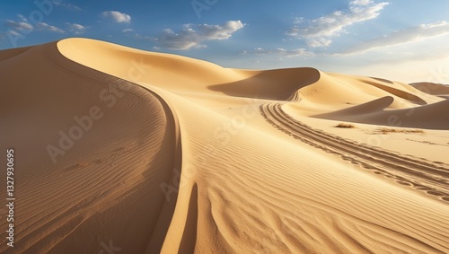 Fototapeta Naklejka Na Ścianę i Meble -  Sand dunes displaying wheel ruts and patterns in the vertical sand.