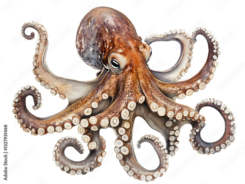 Obraz premium Watercolor Octopus Illustration with Detailed Tentacles and Textural Painting Style