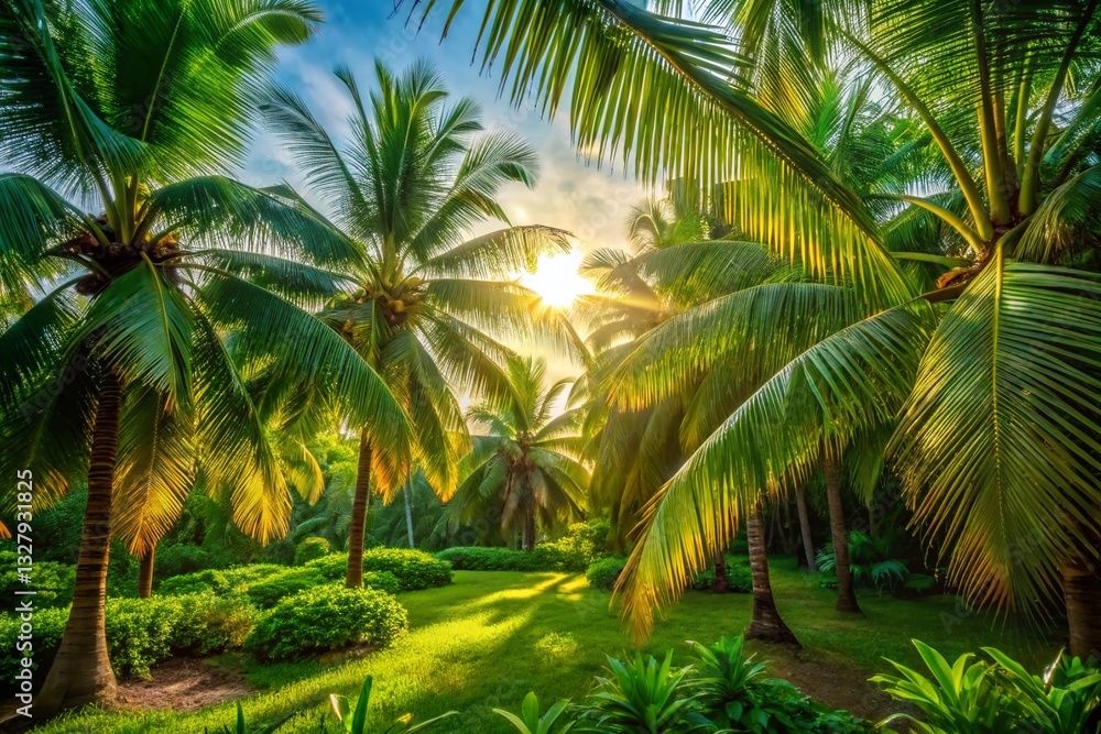 Lush Green Palm Trees in Tropical Paradise: Serene Low Light Photography Lush Green Palm Trees in Tropical Paradise: Serene Low Light Photography