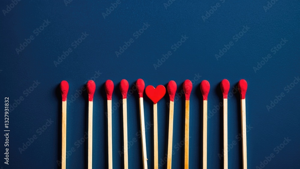 Matchsticks featuring red heads and a heart-shaped match against a classic blue backdrop. Concept of a perfect match, the fire of love and passion. Flat lay with ample copy space. Matchsticks featuring red heads and a heart-shaped match against a classic blue backdrop. Concept of a perfect match, the fire of love and passion. Flat lay with ample copy space.