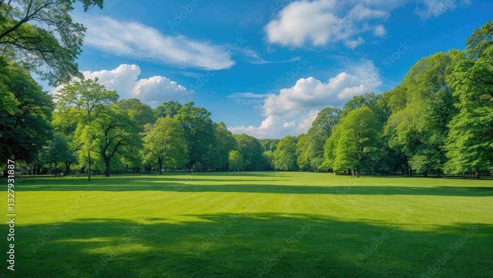Scenic view of the park featuring a green grass field against a backdrop of a cloudy blue sky. Beautiful green park. Scenic view of the park featuring a green grass field against a backdrop of a cloudy blue sky. Beautiful green park.