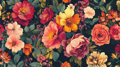 Vibrant Red Pink Orange Floral Pattern on Dark Background