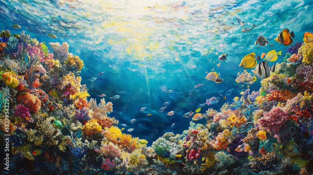 Fototapeta premium Vibrant Coral Reef Underwater Scene with Colorful Fish