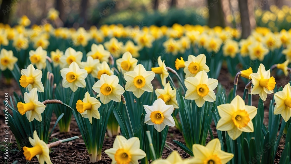 Stunning field of yellow daffodils under daylight. The ideal image for background and floral scenery. Stunning field of yellow daffodils under daylight. The ideal image for background and floral scenery.