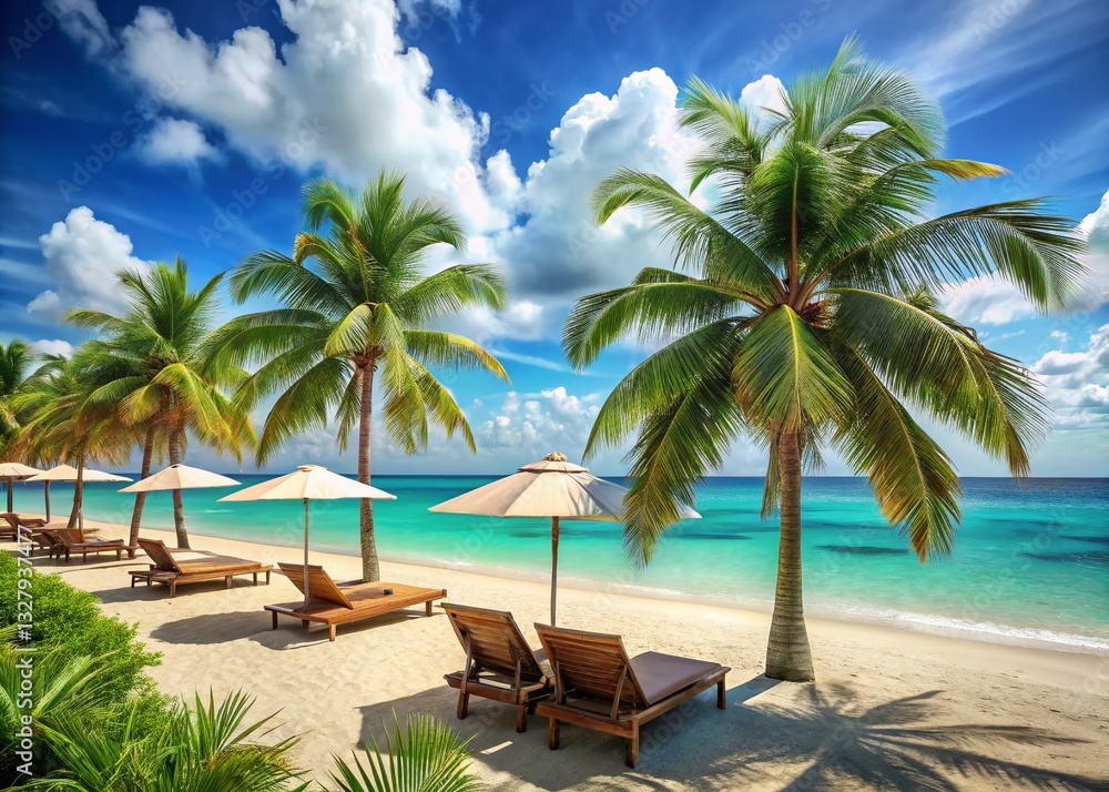 Fototapeta premium Luxurious Beach Bar Relaxation: Empty Sandy Shore, Palm Trees, Sunbeds, Umbrellas, Calm Ocean