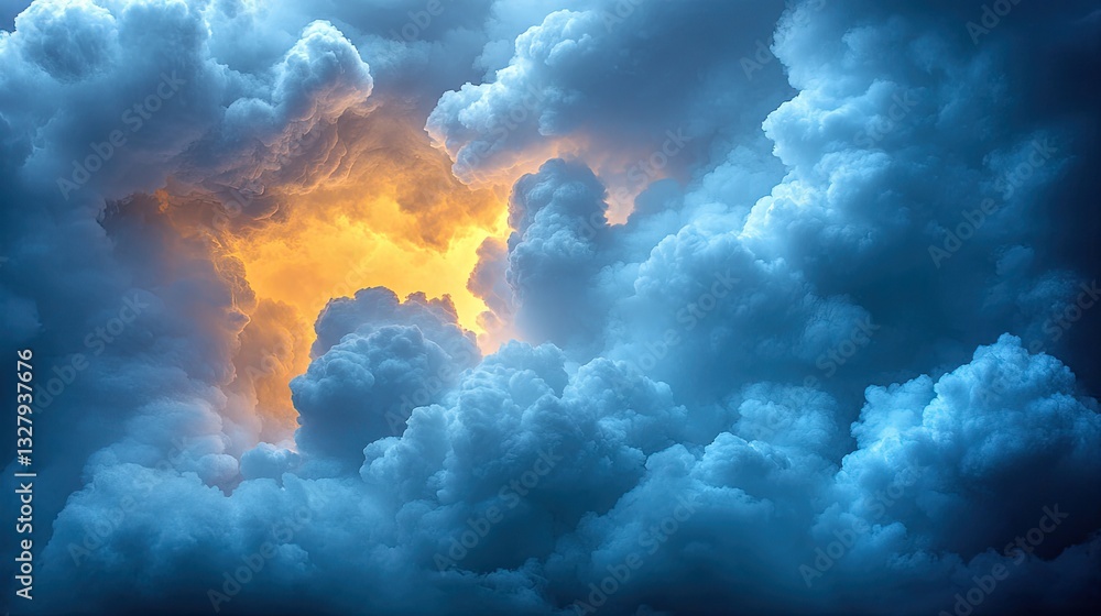 Dramatic cloudscape, golden light piercing stormy sky Dramatic cloudscape, golden light piercing stormy sky
