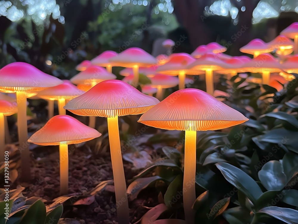 Fototapeta premium glowing mushrooms close up pink and white caps warm light magical fantasy scene
