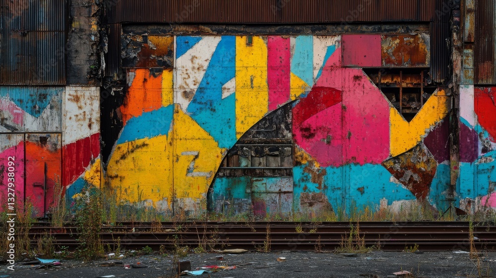 Fototapeta premium Colorful Geometric Graffiti on a Rusty Metal Wall